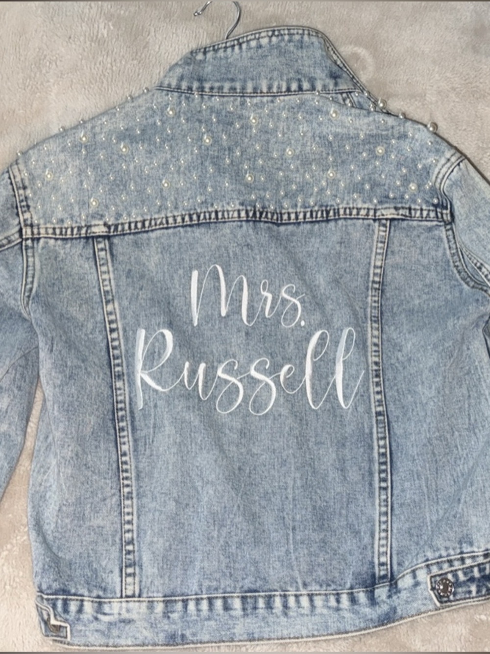 Personalized Light Blue Denim Jacket with Pearl Embellishments